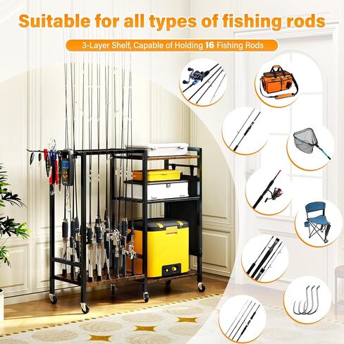 TC-HOMENY Fishing Rod Holder for Garage, Fishing Pole Rack Cart 10 Rod Fit All Fishing Rods, 3 Tier Fishing Tackle Storage Organizer Rack with Storage Bag, Fit For Living Room in Saudi Arabia