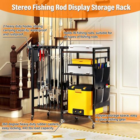 TC-HOMENY Fishing Rod Holder for Garage, Fishing Pole Rack Cart 10 Rod Fit All Fishing Rods, 3 Tier Fishing Tackle Storage Organizer Rack with Storage Bag, Fit For Living Room in Saudi Arabia