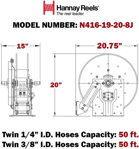 Hannay Reels N416-19-20-8J N400 بكرة لحام خرطوم الأكسجين والأسيتيلين أوكسي/الوقود المزدوج القابلة للسحب، 3/8 بوصة × 50 بوصة خرطوم مزدوج من الدرجة R + إيقاف خرطوم طلاء فولاذي ثقيل اللون من الجرافيت، صنع في الولايات المتحدة الأمريكية in Kuwait