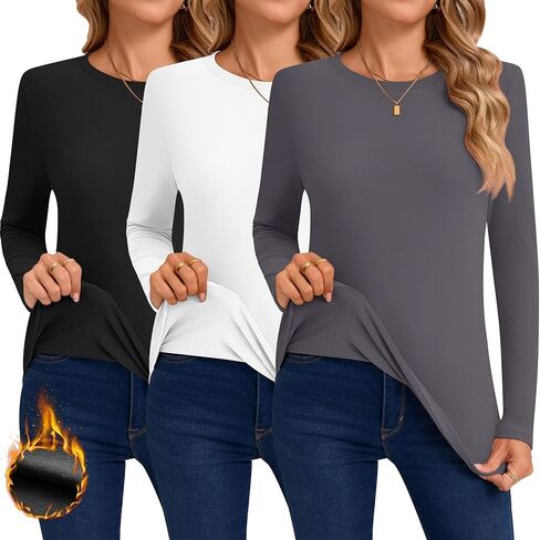 Huukeay 3 Pack Women's Thermal Shirts Long Sleeve De Velvet Lined Underwear Tops Crew Neck Slim Fit Basic Base Layer Tee in Kuwait