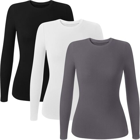 Huukeay 3 Pack Women's Thermal Shirts Long Sleeve De Velvet Lined Underwear Tops Crew Neck Slim Fit Basic Base Layer Tee in Kuwait