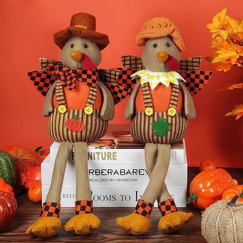 Ogrmar 16.5 بوصة 2 حزمة من دمى الديك الرومي المحشوة للزوجين عيد الشكر ديكورات الطاولة رائعة مصنوعة يدويًا من تركيا القطيفة مجموعة دمى لحصاد الخريف وزخارف طاولة الغرفة in Kuwait