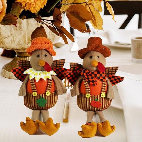 Ogrmar 16.5 بوصة 2 حزمة من دمى الديك الرومي المحشوة للزوجين عيد الشكر ديكورات الطاولة رائعة مصنوعة يدويًا من تركيا القطيفة مجموعة دمى لحصاد الخريف وزخارف طاولة الغرفة in Kuwait
