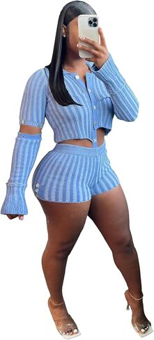 acelyn Women 2 Piece Knit Sweater Sets Crochet Workout Outfits Long Sleeve Crop Top Shorts Lounge Tracksuits in Saudi Arabia
