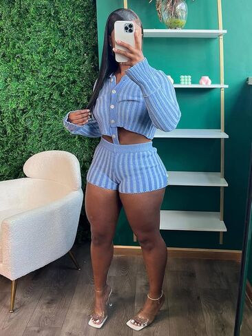 acelyn Women 2 Piece Knit Sweater Sets Crochet Workout Outfits Long Sleeve Crop Top Shorts Lounge Tracksuits in Saudi Arabia