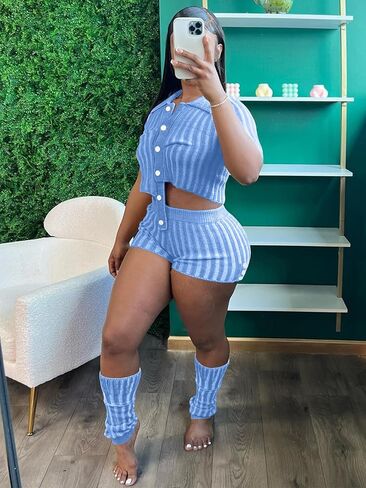 acelyn Women 2 Piece Knit Sweater Sets Crochet Workout Outfits Long Sleeve Crop Top Shorts Lounge Tracksuits in Saudi Arabia