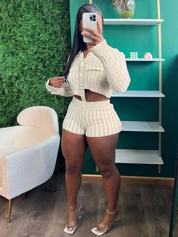 acelyn Women 2 Piece Knit Sweater Sets Crochet Workout Outfits Long Sleeve Crop Top Shorts Lounge Tracksuits in Saudi Arabia