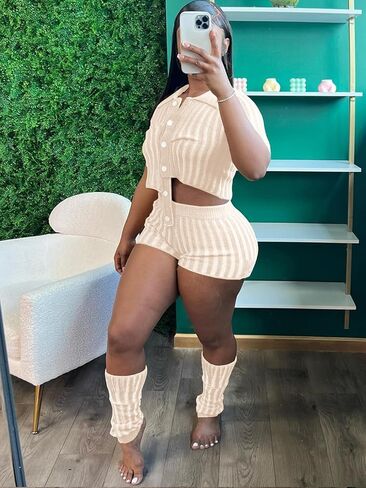 acelyn Women 2 Piece Knit Sweater Sets Crochet Workout Outfits Long Sleeve Crop Top Shorts Lounge Tracksuits in Saudi Arabia