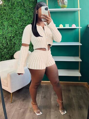 acelyn Women 2 Piece Knit Sweater Sets Crochet Workout Outfits Long Sleeve Crop Top Shorts Lounge Tracksuits in Saudi Arabia