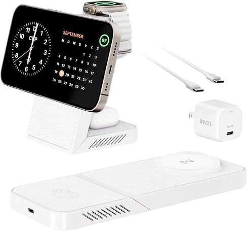 محطة شحن لاسلكية سريعة 3 في 1 من MagFree Transform لأجهزة متعددة، حامل شاحن سفر مغناطيسي 15 وات لهاتف iPhone 15/14/13/12، شاحن سريع لساعة Apple 5 وات، AirPods - شاحن USB-C 30 وات متضمن in Saudi Arabia