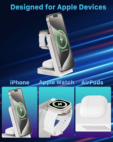 محطة شحن لاسلكية سريعة 3 في 1 من MagFree Transform لأجهزة متعددة، حامل شاحن سفر مغناطيسي 15 وات لهاتف iPhone 15/14/13/12، شاحن سريع لساعة Apple 5 وات، AirPods - شاحن USB-C 30 وات متضمن in Saudi Arabia