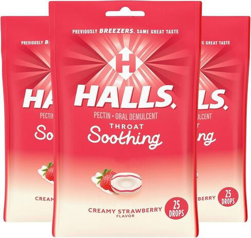 Halls Throat Soothing Creamy Strawberry-Cough Drops for Throat (Formerly Fruit Breezers) 25ct (Pack of 3) in Saudi Arabia