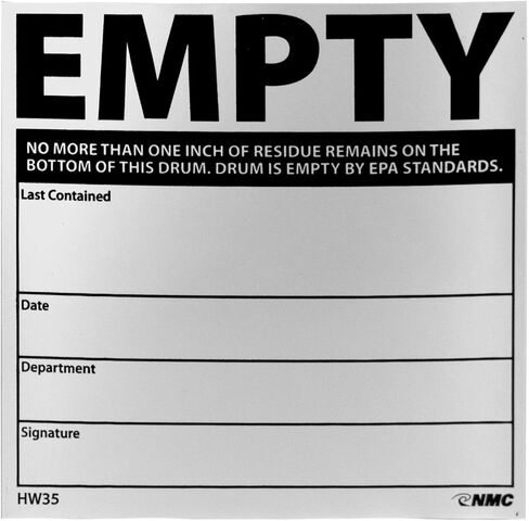 NMC HW35AL Empty NO More Than ONE INCH of Residue Remains ON The Bottom of This Drum. Drum is Empty by EPA Standards Label - PS Paper Hazmat Label in Saudi Arabia