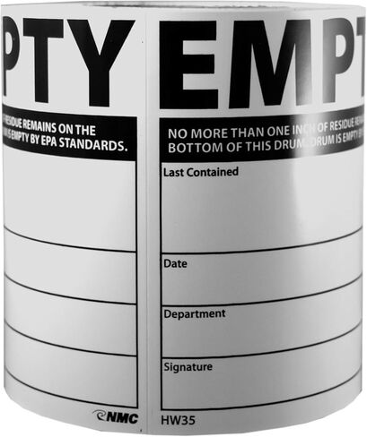 NMC HW35AL Empty NO More Than ONE INCH of Residue Remains ON The Bottom of This Drum. Drum is Empty by EPA Standards Label - PS Paper Hazmat Label in Saudi Arabia