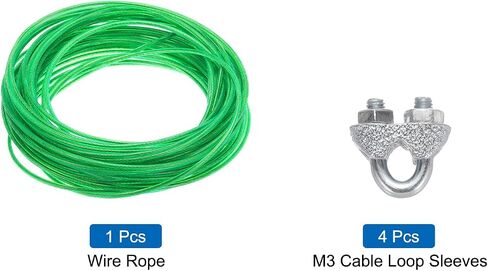 MECCANIXITY 2.5mm (3/32 inch) Green Vinyl Coated Wire Rope, 15m /49ft Galvanized Steel Cable Wire Rope with 4PCS M3 Loop Sleeves for String Light Hanging, Deck Railing, Garden Wire in Saudi Arabia
