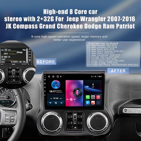 Car Stereo for Jeep Wrangler 2007-2018 JK Compass Grand Cherokee Dodge Ram Patriot 8 Core 4+32G with Wireless CarPlay Android Auto,10.1 inch 4+32G IPS Car Radio with Backup Camera, AM/FM/RDS,DSP,SWC in Saudi Arabia