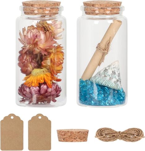 Small Glass Jars with Cork Lids 200 ml, Mini Glass Jars with Lids Set of 2, Glass Pill Bottles, Sand Jars, Spell Jars, Seashell Jar, Small Glass Bottles for Crafts, Decoration, Party Favors in Saudi Arabia