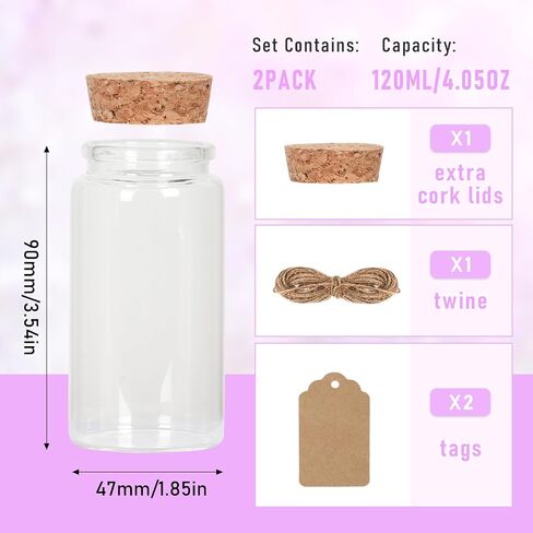 Small Glass Jars with Cork Lids 200 ml, Mini Glass Jars with Lids Set of 2, Glass Pill Bottles, Sand Jars, Spell Jars, Seashell Jar, Small Glass Bottles for Crafts, Decoration, Party Favors in Saudi Arabia