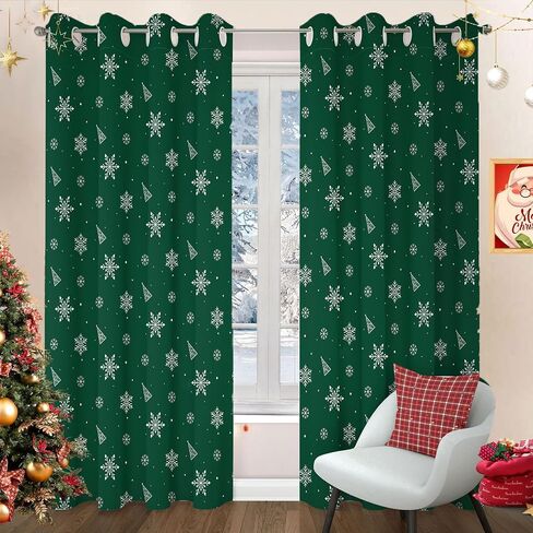 Christmas Tree Snowflake Cartoon Green Blackout Curtains Drapes for Bedroom Living Room Kitchen Nursery Kids Winter Thermal Insulated Grommet Girls Boys Window Curtains 84 inch Length 2 Panels Set in Saudi Arabia