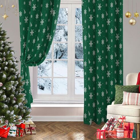 Christmas Tree Snowflake Cartoon Green Blackout Curtains Drapes for Bedroom Living Room Kitchen Nursery Kids Winter Thermal Insulated Grommet Girls Boys Window Curtains 84 inch Length 2 Panels Set in Saudi Arabia