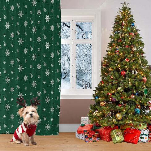 Christmas Tree Snowflake Cartoon Green Blackout Curtains Drapes for Bedroom Living Room Kitchen Nursery Kids Winter Thermal Insulated Grommet Girls Boys Window Curtains 84 inch Length 2 Panels Set in Saudi Arabia