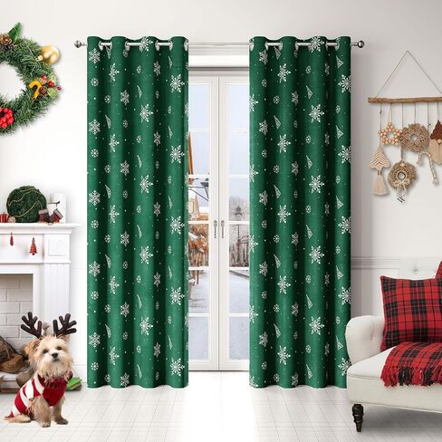 Christmas Tree Snowflake Cartoon Green Blackout Curtains Drapes for Bedroom Living Room Kitchen Nursery Kids Winter Thermal Insulated Grommet Girls Boys Window Curtains 84 inch Length 2 Panels Set in Saudi Arabia