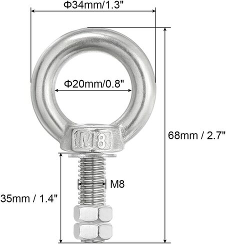 PATIKIL Lifting Shoulder Eye Bolts, 4 Pack M8x35 304 Stainless Steel Eye Bolts Threaded Screw Eyebolt Shoulder Ring with Double Nuts Fixed for Lifting Hanging in Saudi Arabia