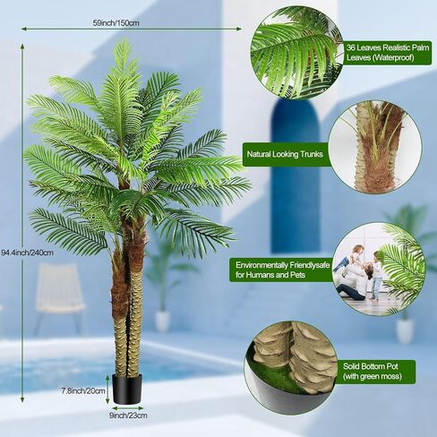 7.9FT(94.5in) Artificial Palm Tree, 3 Trunks UV Resistant Fake Palm Plants Outdoor Indoor, Plantas Artificiales Decorativas Grandes, Perfect for Patio, Poolside, Home Indoor Aesthetic Decor in Saudi Arabia