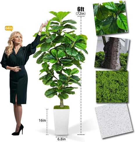 Artificial Fiddle Leaf Fig Tree 6ft, 6 Feet Large Tall Fake Plants Indoor with Modern Style Planter, Artificial Silk Tree for Home Office Living Room Decor Indoor, More Lifelike & Lush (White) in Saudi Arabia