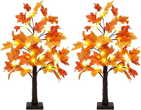 Uieke 2 حزم 24 بوصة مضاءة شجرة القيقب الاصطناعية 48 شجرة سقوط منضدية LED مع 12 أضواء مخاريط الصنوبر تعمل بالبطارية مع مؤقت، ديكورات الخريف للمنزل عيد الشكر ديكور الخريف الهالوين in Kuwait