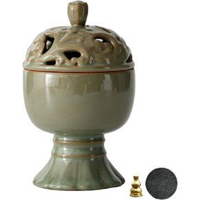 Ceramic Incense Burner with Lid,Boshan Incense Cone Holder for Coil Incense and Powder Incense,Mediation Gift,Home Decor (Green)