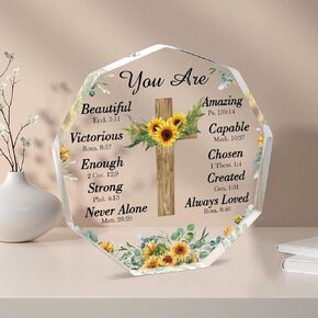Christian Gifts For Women Inspirational Religious Christmas Gifts Faith-Based Gifts For Mom Birthday Sunflower Women Sister Friend Gift, Larger Text And Cross Christian Decor Plaque.
