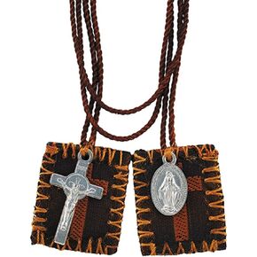 Brown Cross Embroidered Scapular with Miraculous Medal and Cross, 15 1/2 Inch
