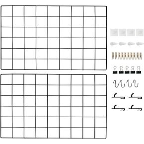 Metal Grid Wall Panel, Wire Grid Photo Display Organizer, 17.3"×11.8" Gold Wire Board Grid Wall, Grid Picture Frame, 2-Pack Wire Mesh Memo Board with Clips and Hooks