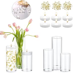 Set of 12 Glass Cylinder Vases for Centerpieces with 80000 Water Beads 12 Pearl String 24 White Floating Candles for Centerpieces, Table Centerpieces for Wedding Party Home Decor 5, 6, 8 Inch