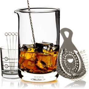 Cork & Mill Cocktail Mixing Glass, Old Fashioned Kit, Large 24 oz Crystal Cocktail Mixer for Bartenders and Mixologists, 9-Piece Bar Accessories Cocktail Set for Manhattans and Other Whiskey Drinks