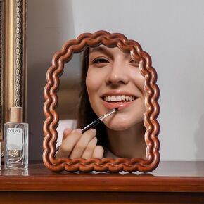 Table Mirror, Vanity Mirror with Stand Decorative, Wood Desk Dressing Makeup Mirror, Mirror for Desk, Countertop, Bedroom, Bathroom, Living Room