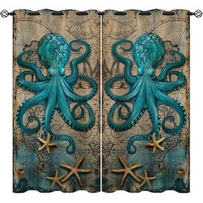 Octopus Blackout Curtains for Girls Boys Kids Home Decor, Ocean Animal Nautical Map Starfish Sealifes Grommet Thermal Insulated Drapes Darkening Window Curtain for Bedroom Living Room, 42 x 45 Inch