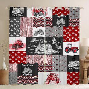 Red Tractor Curtain For Boys,Construction Tractor Window Curtains Kids Teens Equipment Trucks Window Drapes Black White Construction Vehicle Window Treatments Bedroom Decor 38"x45",2 Panels