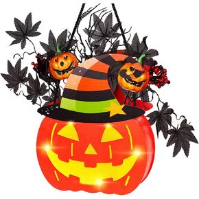 BlcTec Halloween Pumpkin Lights, 10 inch Lighted Big Jack-O-Lantern with Maple Leaves, Berries, Twigs, Witch's Hat, Battery-Operated Premium Wood Pumpkin with Timer for Halloween Decorations, Style A
