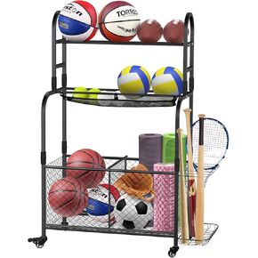Ball Storage Rack with Full Metal Bottom Basket | Sports Equipment Organizer | Ball Rack for Basketball, Soccer, Tennis | Durable Indoor and Outdoor Ball Rack for Home, Garage, Gym