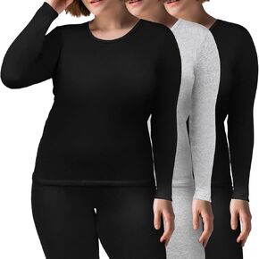 Patelai 3 Pcs Plus Size Thermal Shirts for Women Long Sleeve Fleece Lined Underwear Top Women Crew Neck Base Layer Underwear