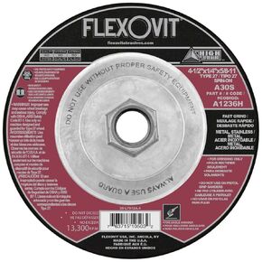 Flexovit® 4-1/2" X 1/4" X 5/8" - 11 HIGH Performance™ 30 Grit Aluminum Oxide Grain Reinforced Type 27 Spin-On Depressed Center Grinding Wheel (A1236H Pack of 10)