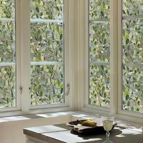Window Film Decorative Watercolor Summmer Window Clings, Double-Sided Tropical Rainbow Window Privacy Film for Glass Window Door, Laser Palm Leaves Green Window Stickers 16.92"X118.11"