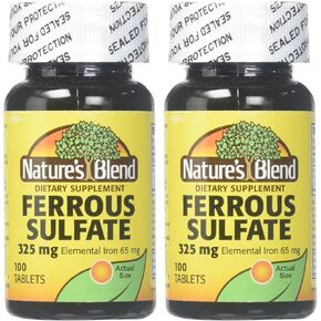 Nature's Blend Iron Ferrous Sulfate 325mg BPK, Assorted, Tablets, 100 Count, Pack of 2
