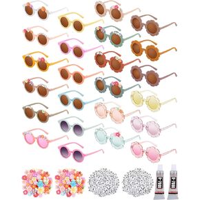 Kanayu 24 Pcs Sunglasses DIY Kit Kids Round Flower Sunglasses Bulk with 200 Letter Beads 100 Daisy 2 Glues for Girls Boys (Bright Colors)