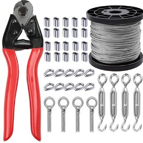 100ft Stainless Steel Cable,(5/64 Inch Overmolded to 1/8Inch) 7x7 Strands Guy Wire Rope Kit Rope witn Cable Cutters Aluminum Crimping Sleeves and Stainless Steel Thimbles