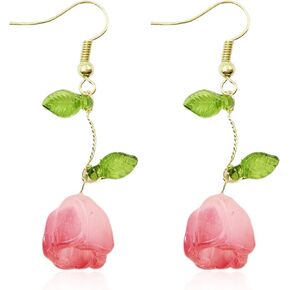 Tulip Flower Leaf Tassel Earrings Rose Flower Tassel Dangle Drop Earrings White Camellia Floral Green Leaf Stud Earrings for Women Girls Wedding Bridal Valentine's Day Birthday Jewelry Gifts