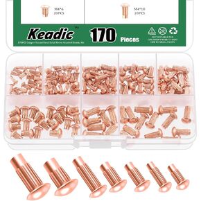 Keadic 170Pcs M2/M2.5/M3/M4 x 6/8/10mm Copper Brazier Head Solid Rivet Assortment Set, Solid Rivet Fasteners for Repairing Boats Furniture Electrical Automotive