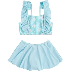 WDIRARA Girl's 2 Piece Set Floral Print Flared Hem Sleeveless Bikini Swimsuit